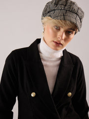 Women Black Tweed Double-Breasted Blazer-SFJCKT60344