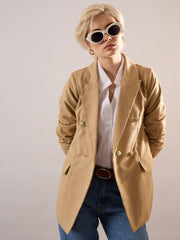 Women Beige Tweed Double-Breasted Blazer-SFJCKT60345