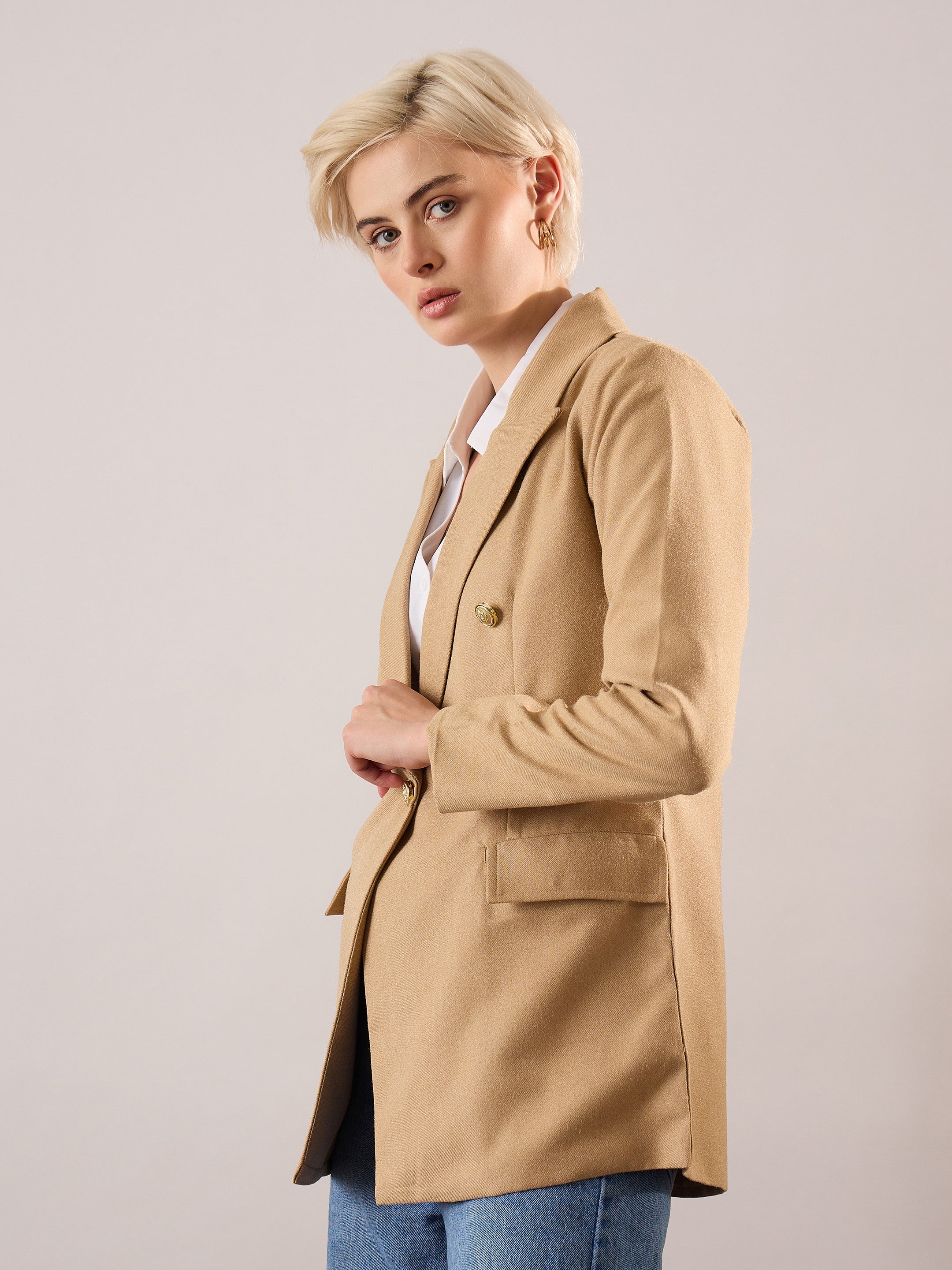 Women Beige Tweed Double-Breasted Blazer-SFJCKT60345