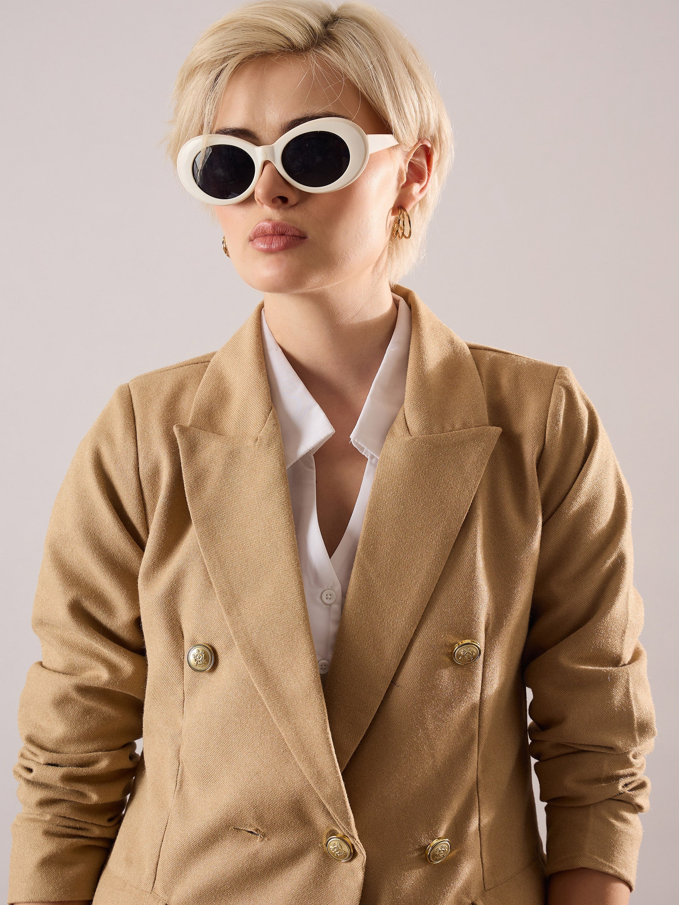 Women Beige Tweed Double-Breasted Blazer-SFJCKT60345