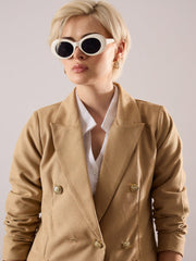 Women Beige Tweed Double-Breasted Blazer-SFJCKT60345