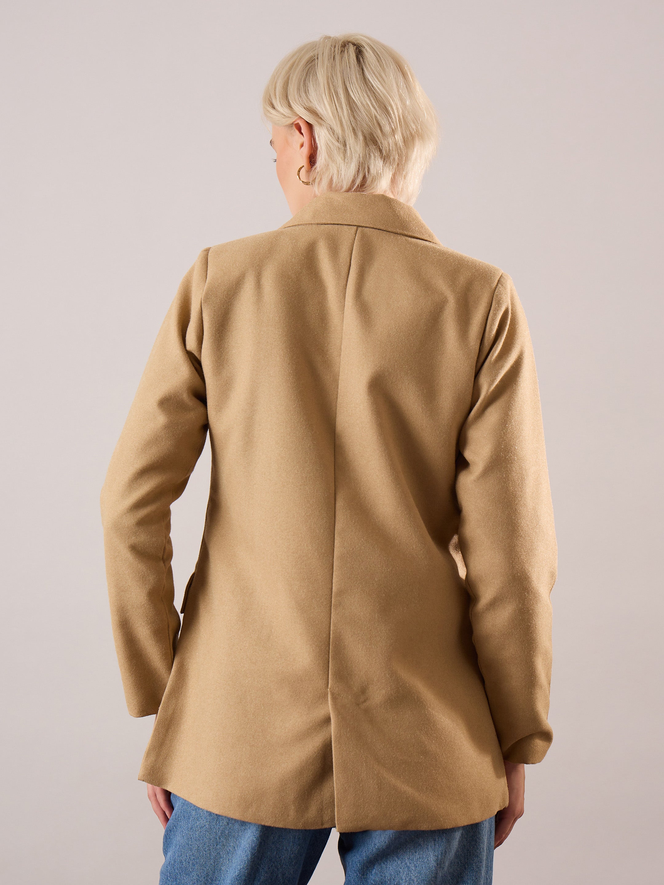 Women Beige Tweed Double-Breasted Blazer-SFJCKT60345
