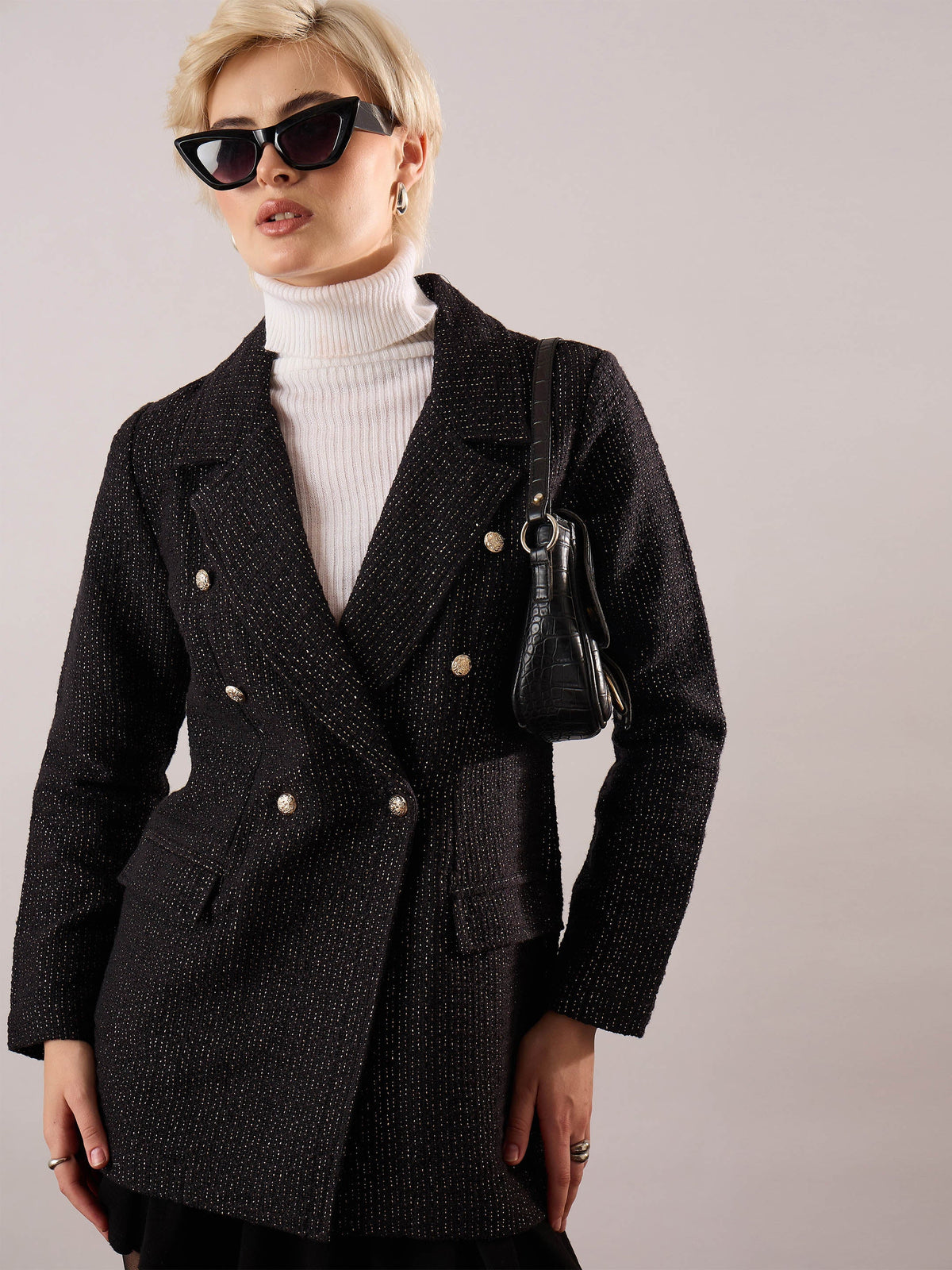Women Black Cotton Lurex Tweed Double-Breasted Blazer-SFJCKT60346