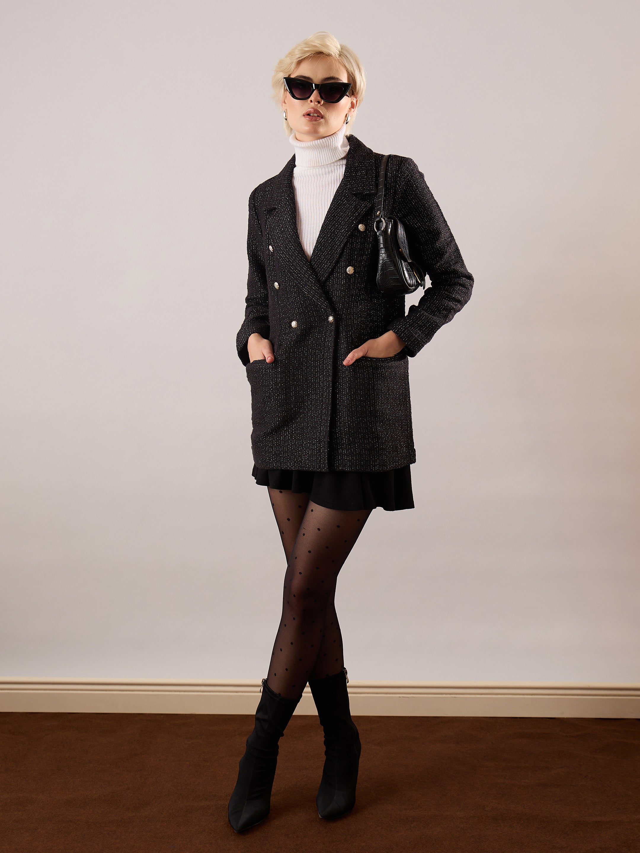 Women Black Cotton Lurex Tweed Double-Breasted Blazer-SFJCKT60346