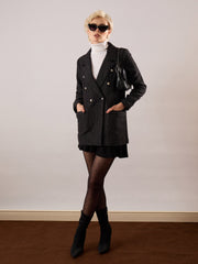 Women Black Cotton Lurex Tweed Double-Breasted Blazer-SFJCKT60346