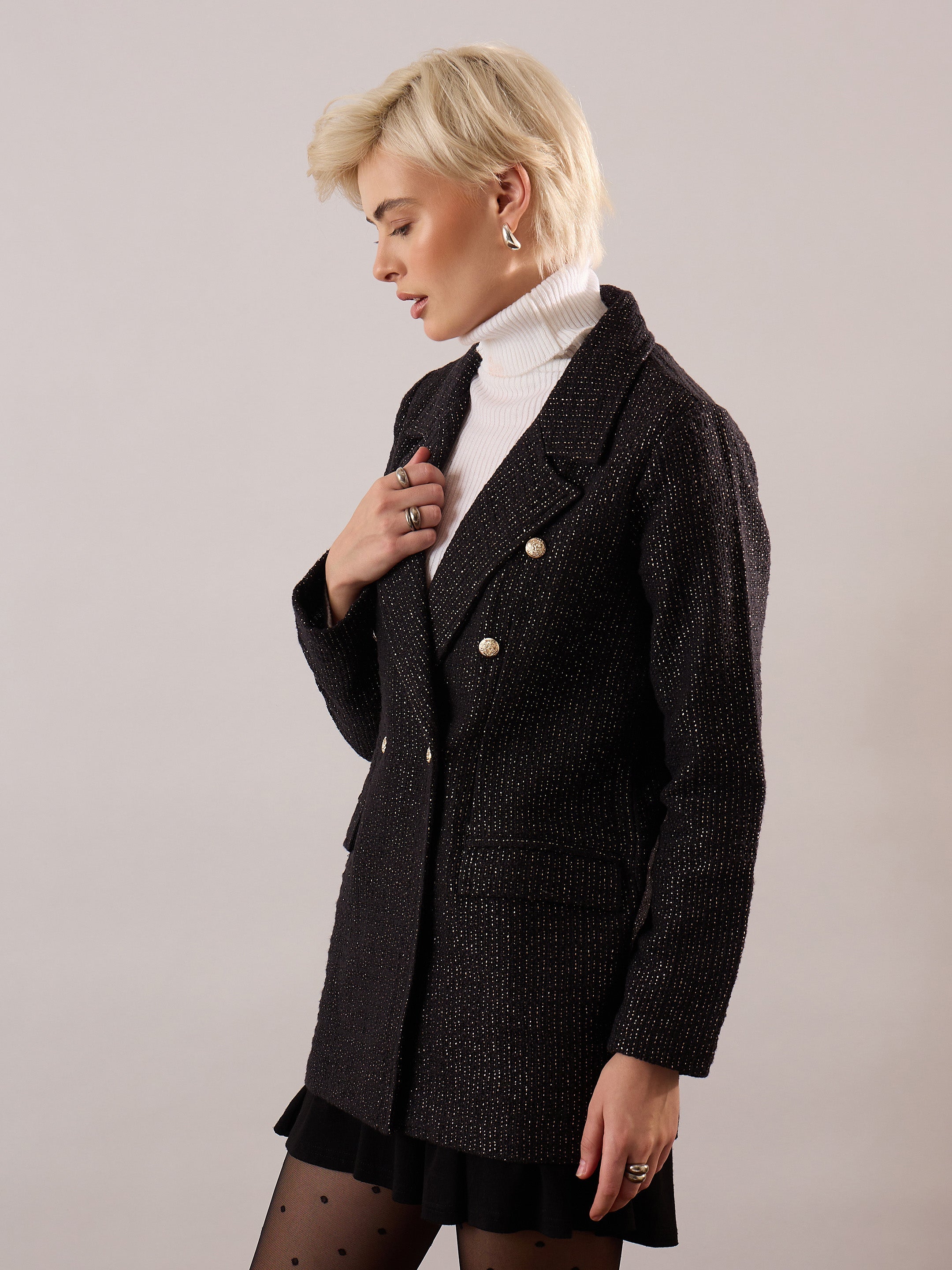 Women Black Cotton Lurex Tweed Double-Breasted Blazer-SFJCKT60346