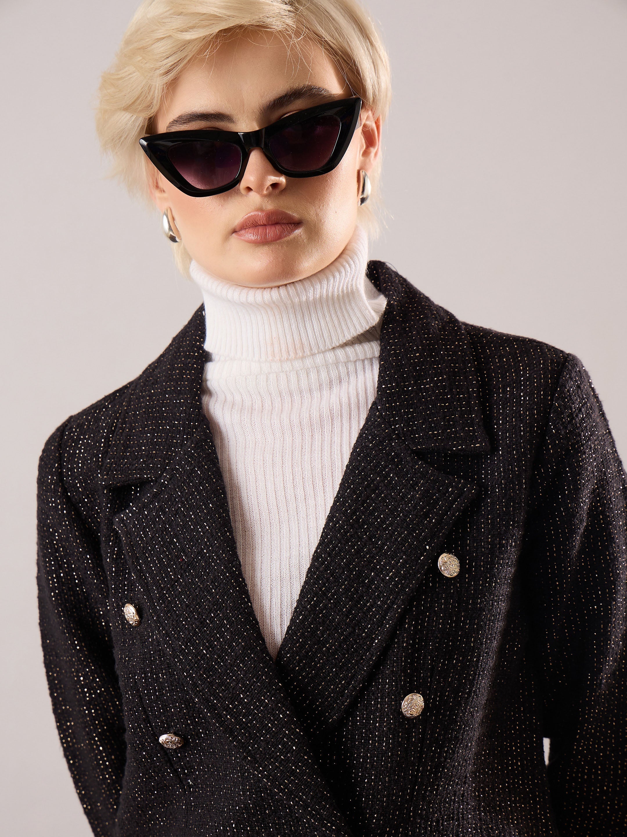 Women Black Cotton Lurex Tweed Double-Breasted Blazer-SFJCKT60346
