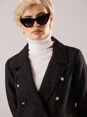 Women Black Cotton Lurex Tweed Double-Breasted Blazer-SFJCKT60346