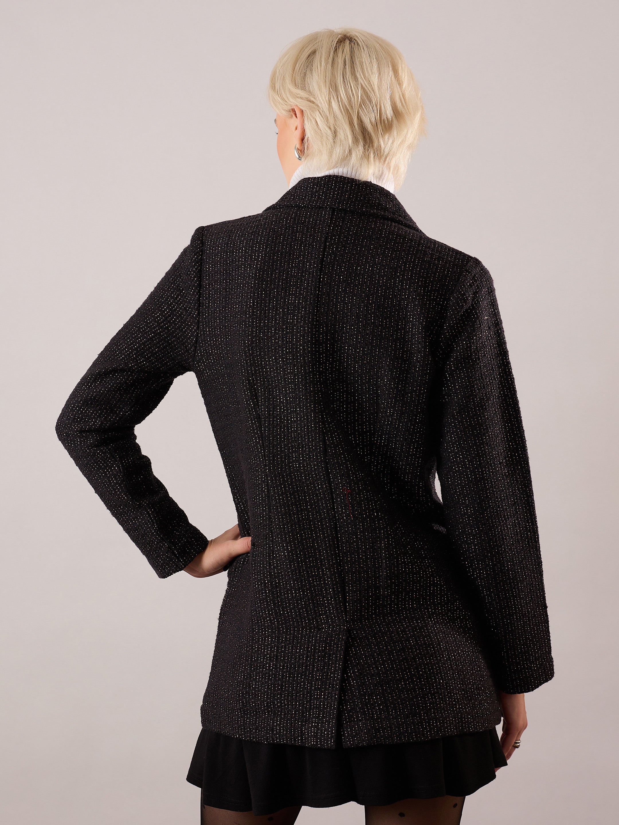 Women Black Cotton Lurex Tweed Double-Breasted Blazer-SFJCKT60346