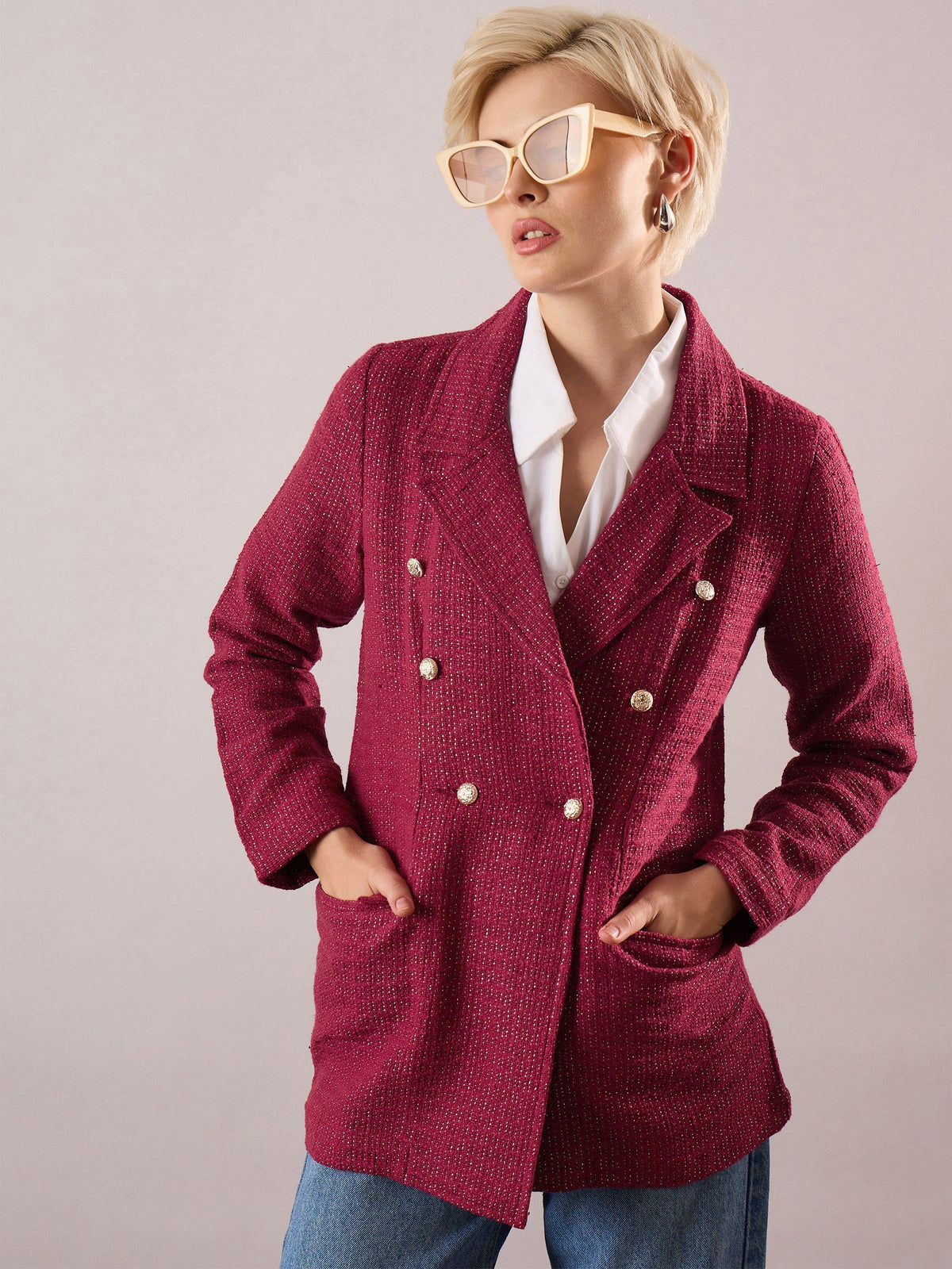 Women Maroon Tweed Double-Breasted Blazer-SFJCKT60347