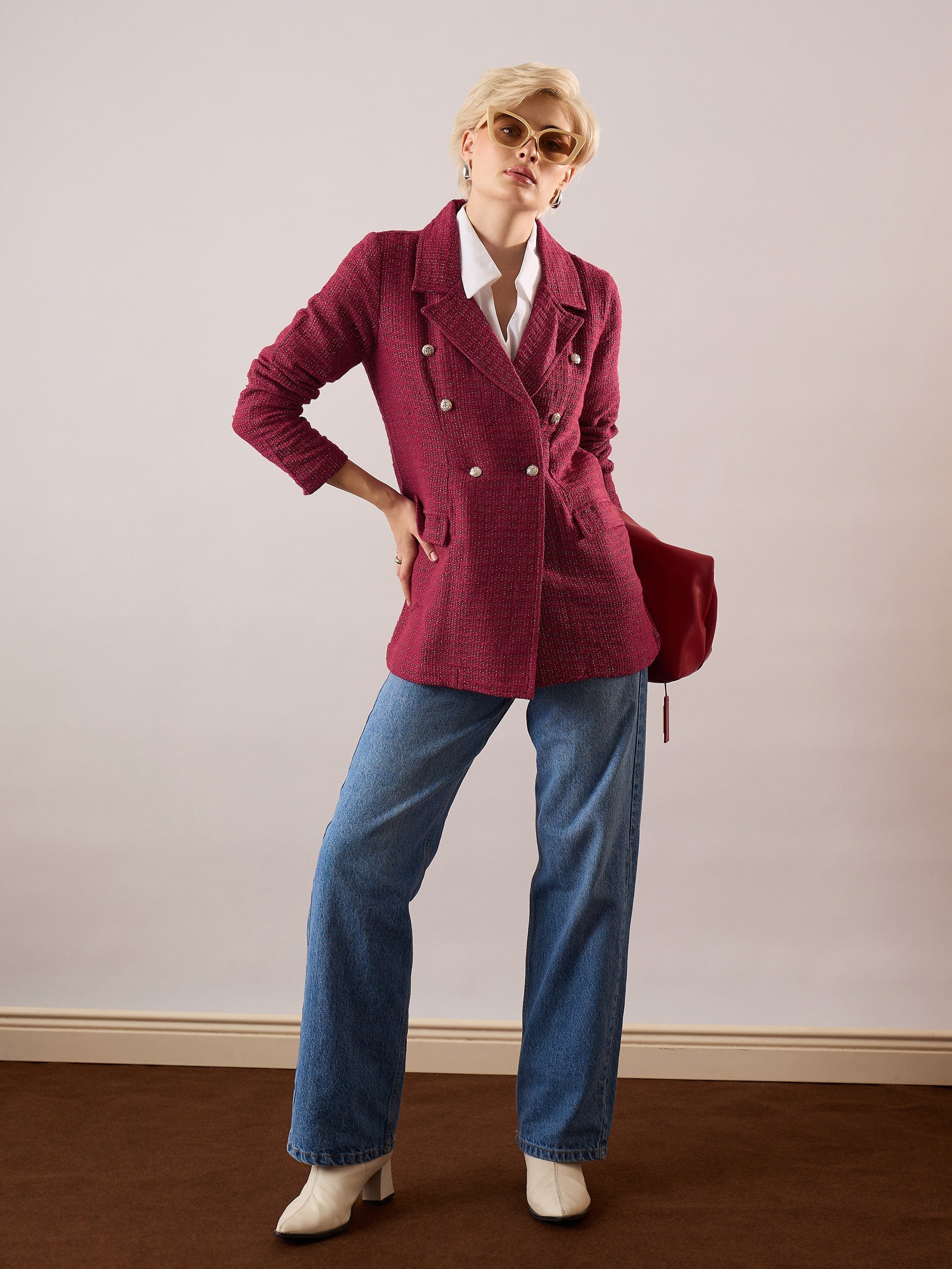 Women Maroon Tweed Double-Breasted Blazer-SFJCKT60347
