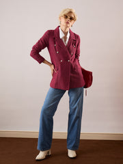 Women Maroon Tweed Double-Breasted Blazer-SFJCKT60347