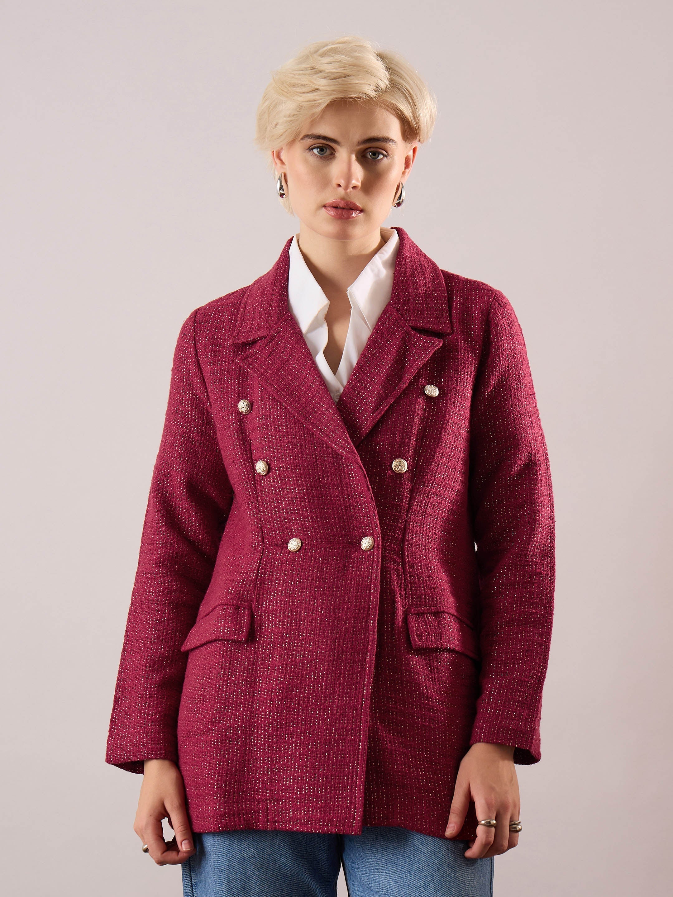 Women Maroon Tweed Double-Breasted Blazer-SFJCKT60347