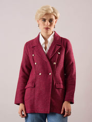 Women Maroon Tweed Double-Breasted Blazer-SFJCKT60347