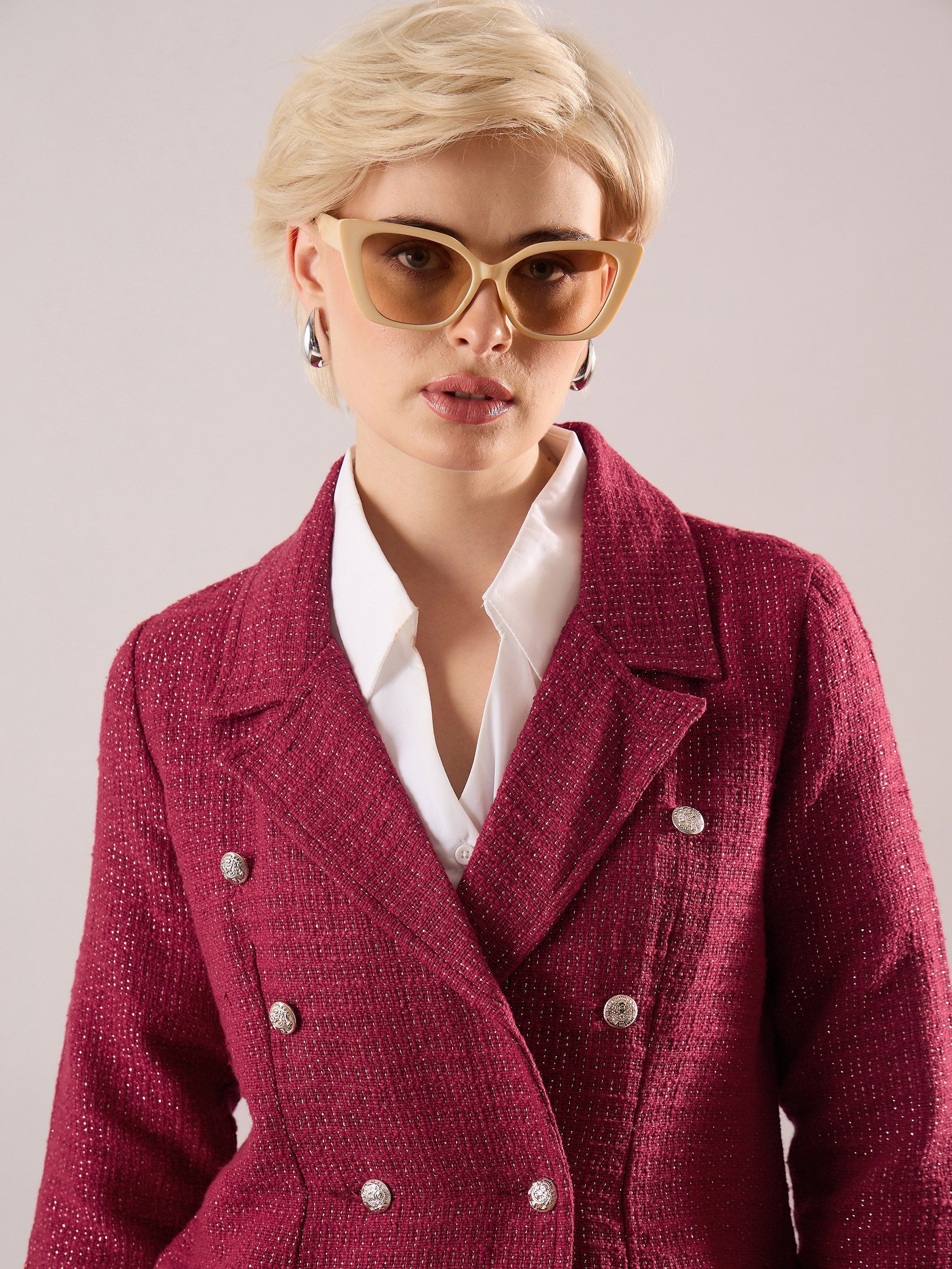 Women Maroon Tweed Double-Breasted Blazer-SFJCKT60347