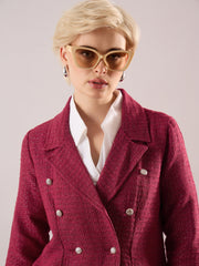 Women Maroon Tweed Double-Breasted Blazer-SFJCKT60347