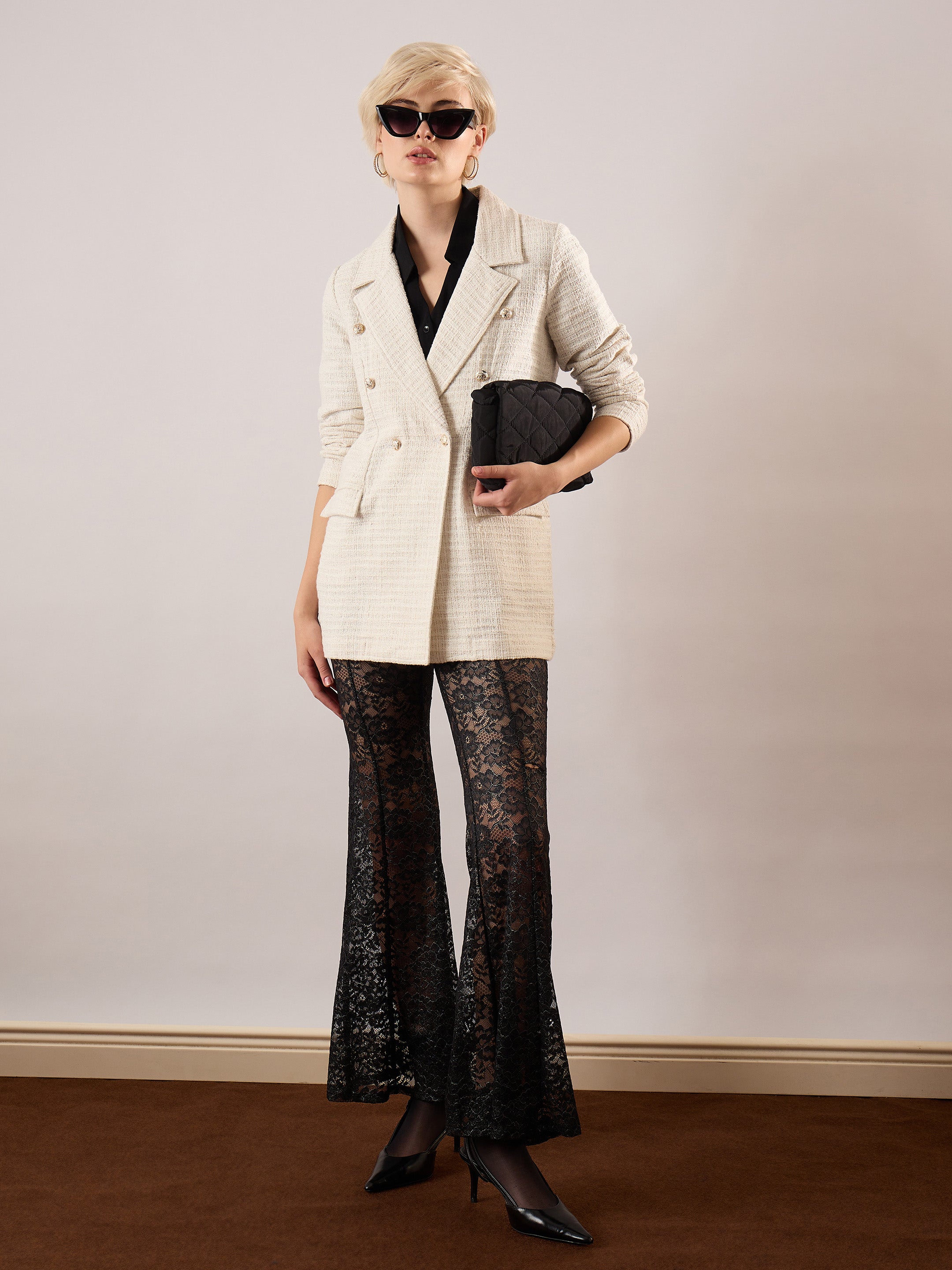 Women White Tweed Double-Breasted Blazer-SFJCKT60348