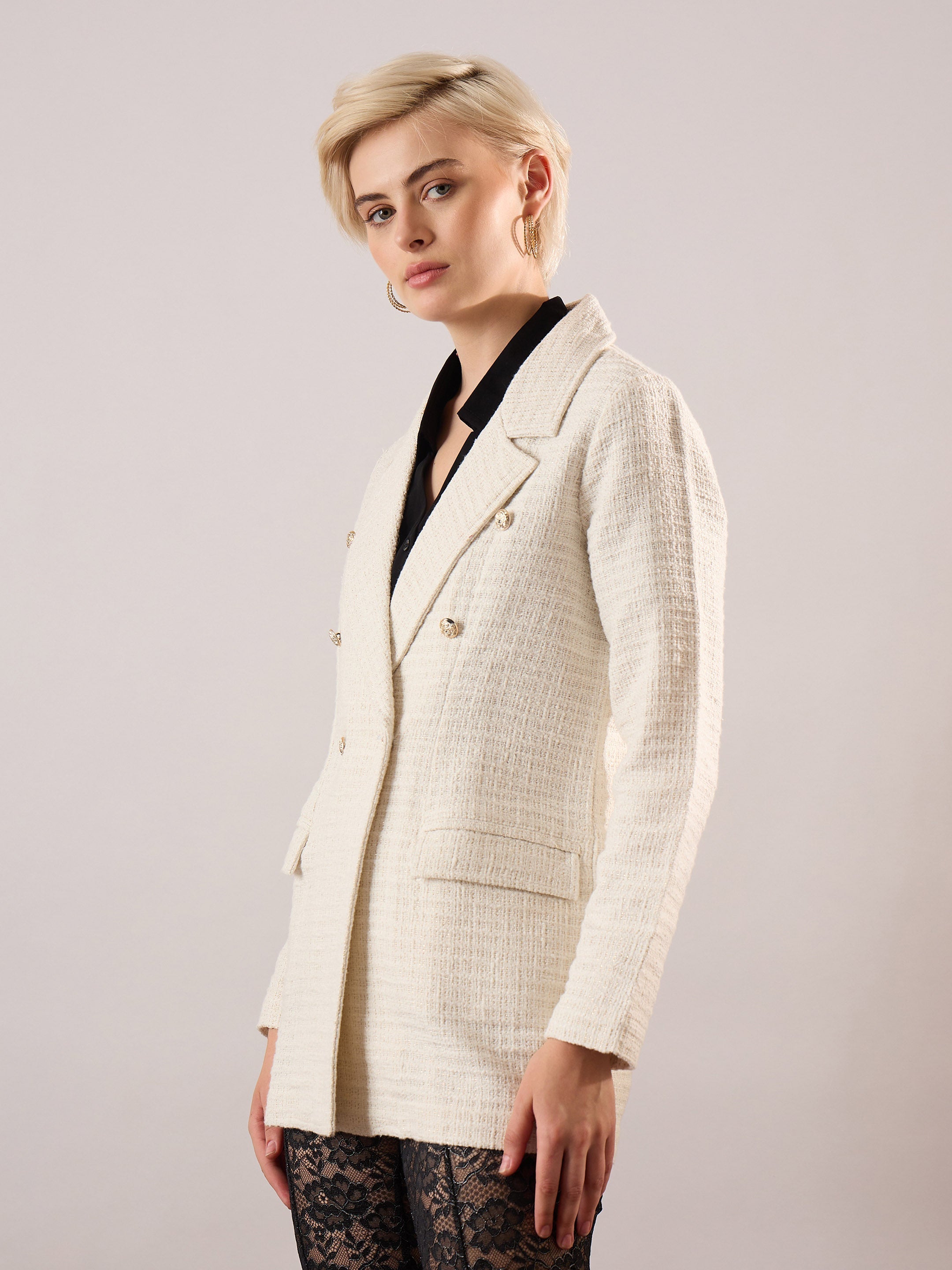 Women White Tweed Double-Breasted Blazer-SFJCKT60348