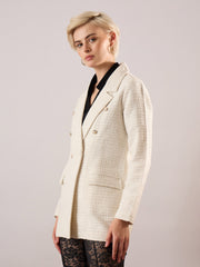 Women White Tweed Double-Breasted Blazer-SFJCKT60348