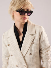 Women White Tweed Double-Breasted Blazer-SFJCKT60348