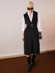 Women Black Corduroy Sleeveless Long Coat-SFJCKT60349