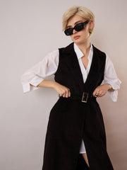 Women Black Corduroy Sleeveless Long Coat-SFJCKT60349