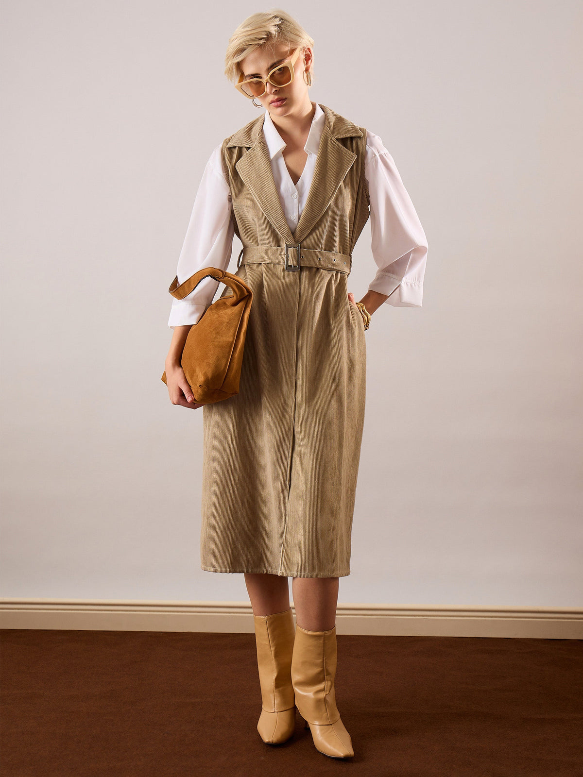 Women Beige Corduroy Sleeveless Long Coat-SFJCKT60350