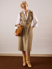 Women Beige Corduroy Sleeveless Long Coat-SFJCKT60350