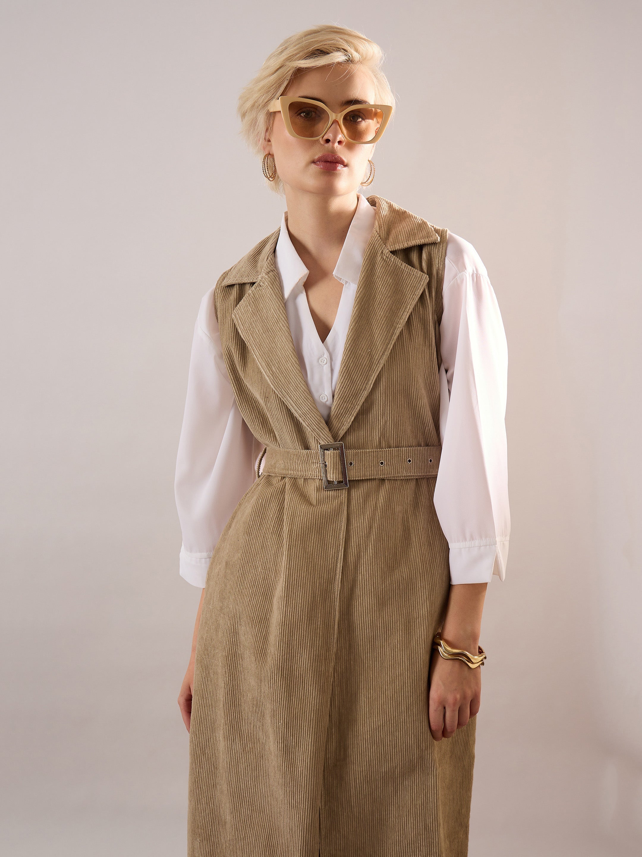 Women Beige Corduroy Sleeveless Long Coat-SFJCKT60350