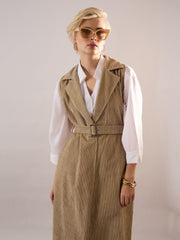 Women Beige Corduroy Sleeveless Long Coat-SFJCKT60350
