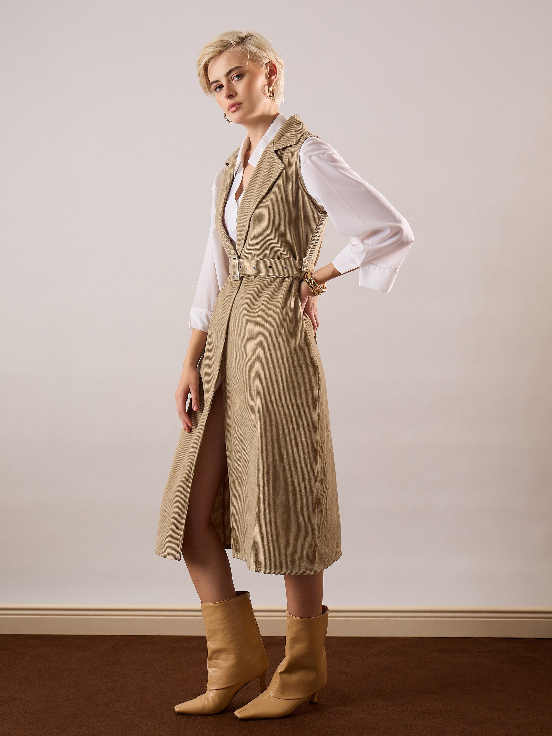 Women Beige Corduroy Sleeveless Long Coat-SFJCKT60350