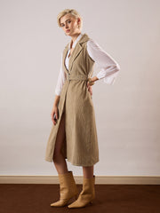 Women Beige Corduroy Sleeveless Long Coat-SFJCKT60350