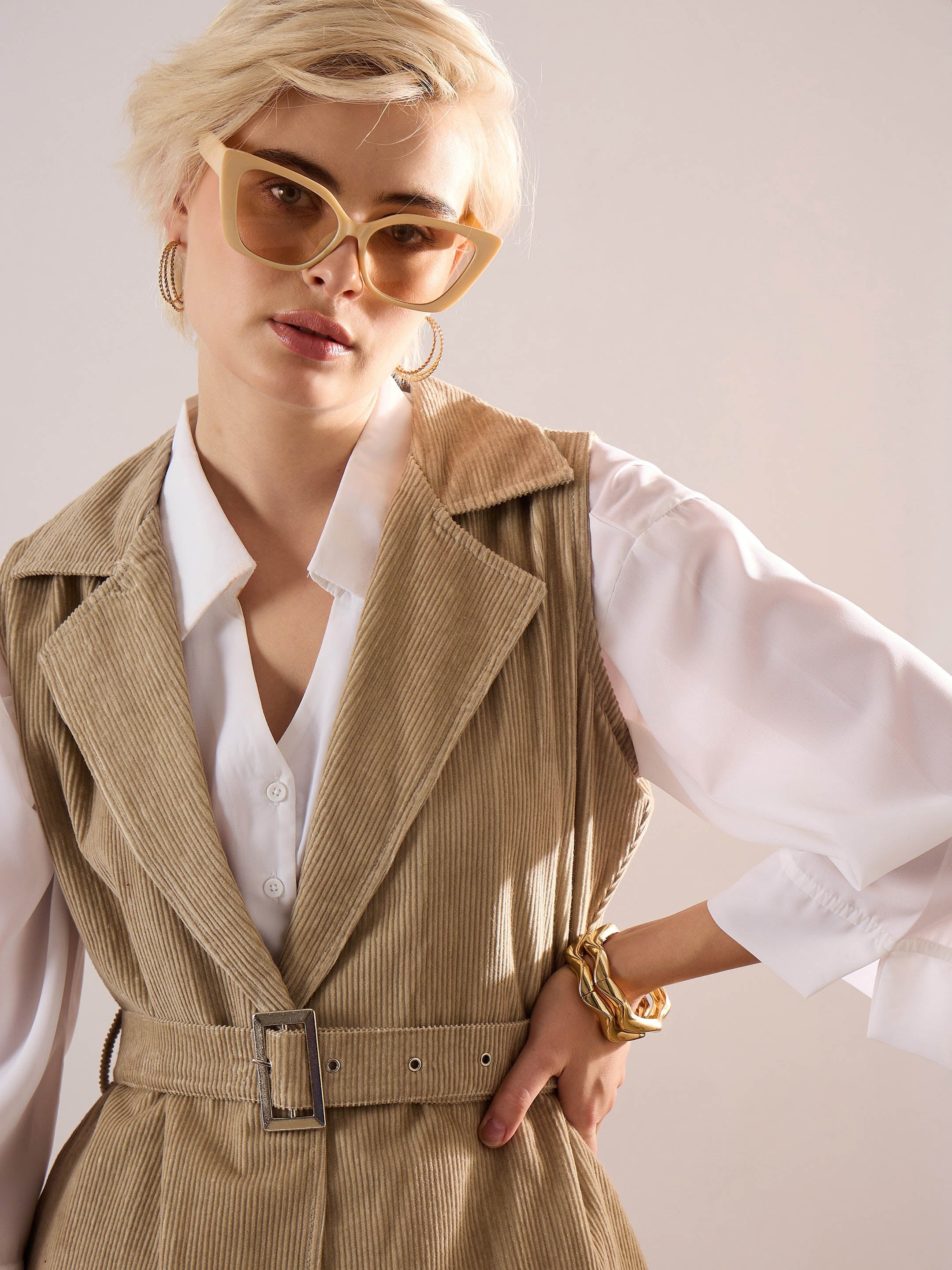 Women Beige Corduroy Sleeveless Long Coat-SFJCKT60350