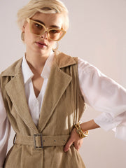 Women Beige Corduroy Sleeveless Long Coat-SFJCKT60350