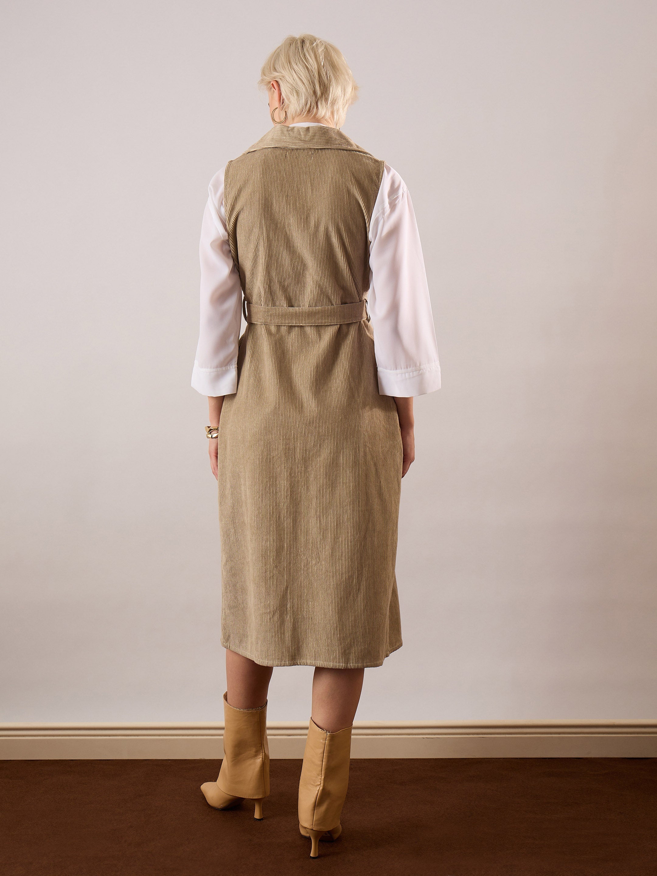 Women Beige Corduroy Sleeveless Long Coat-SFJCKT60350