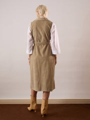 Women Beige Corduroy Sleeveless Long Coat-SFJCKT60350