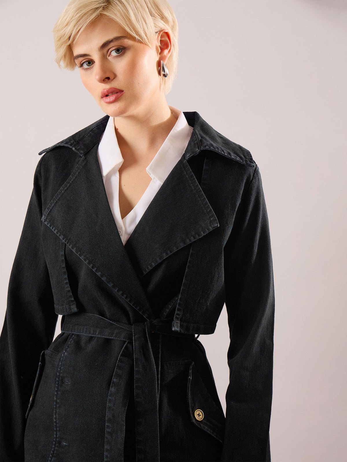 Women Jet Black Denim Trench Coat-SFJCKT60351