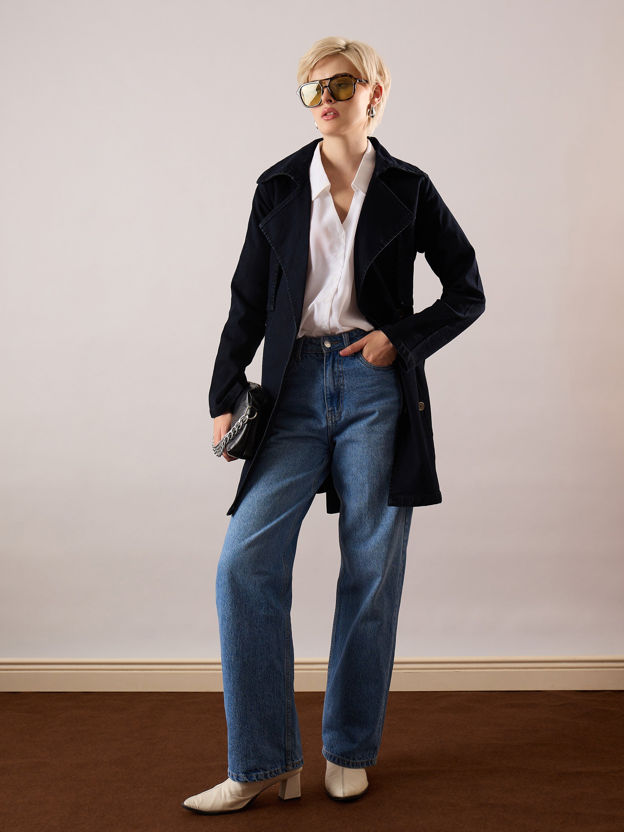 Women Jet Black Denim Trench Coat-SFJCKT60351