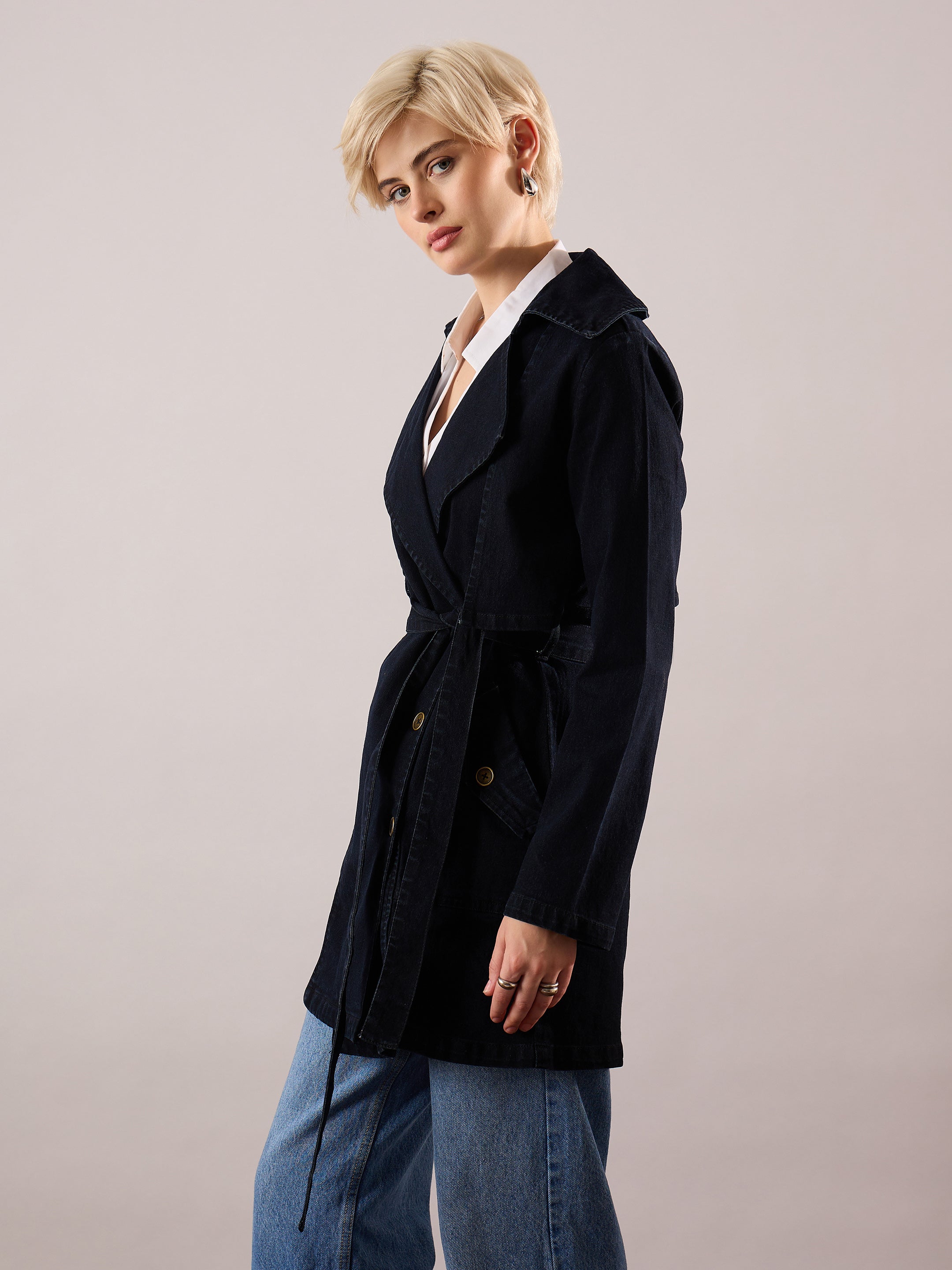 Women Jet Black Denim Trench Coat-SFJCKT60351