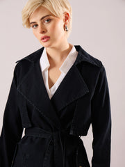 Women Jet Black Denim Trench Coat-SFJCKT60351