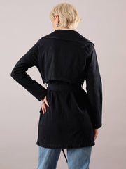 Women Jet Black Denim Trench Coat-SFJCKT60351
