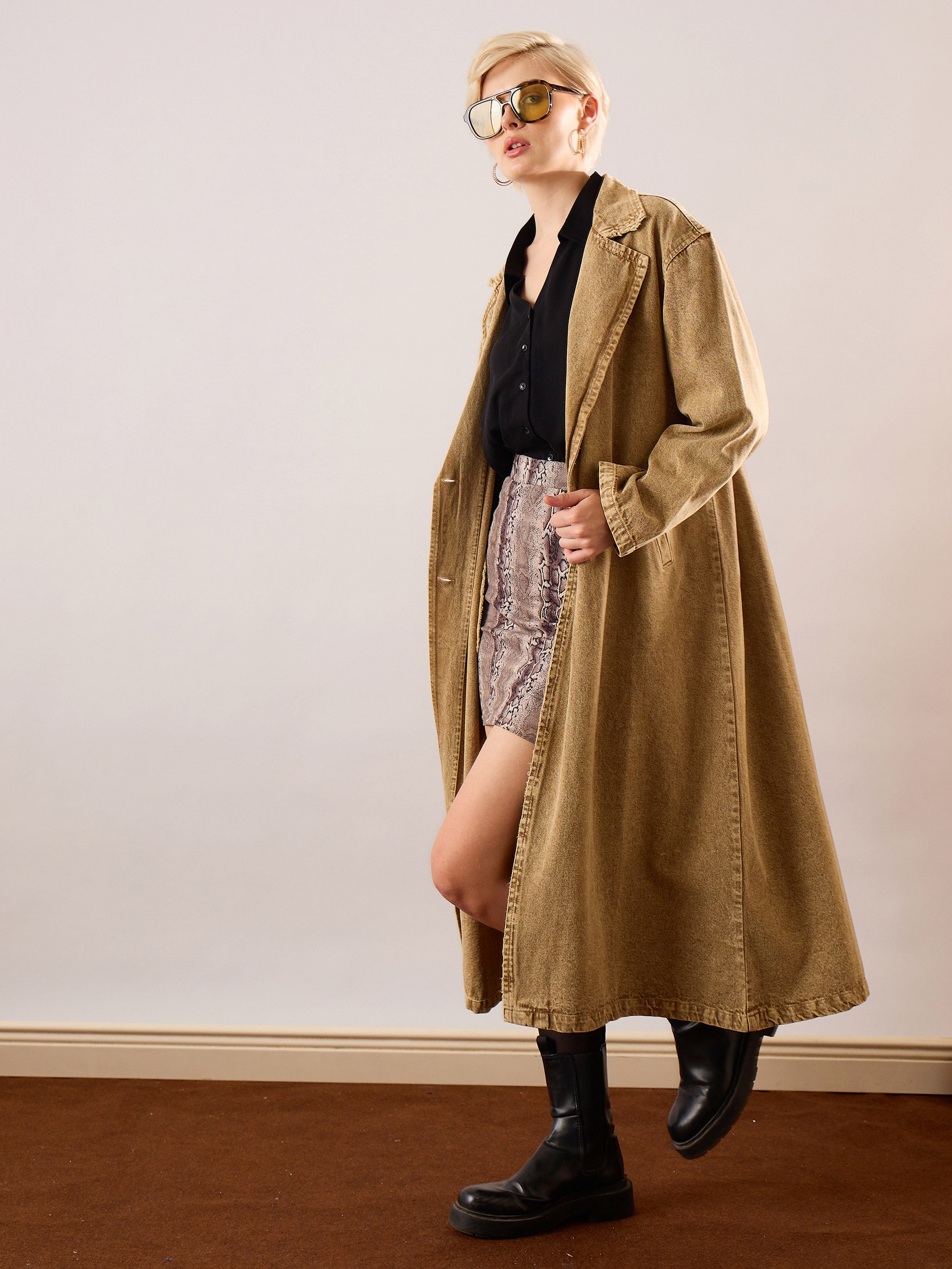 Women Beige Washed Denim Over Coat-SFJCKT60352