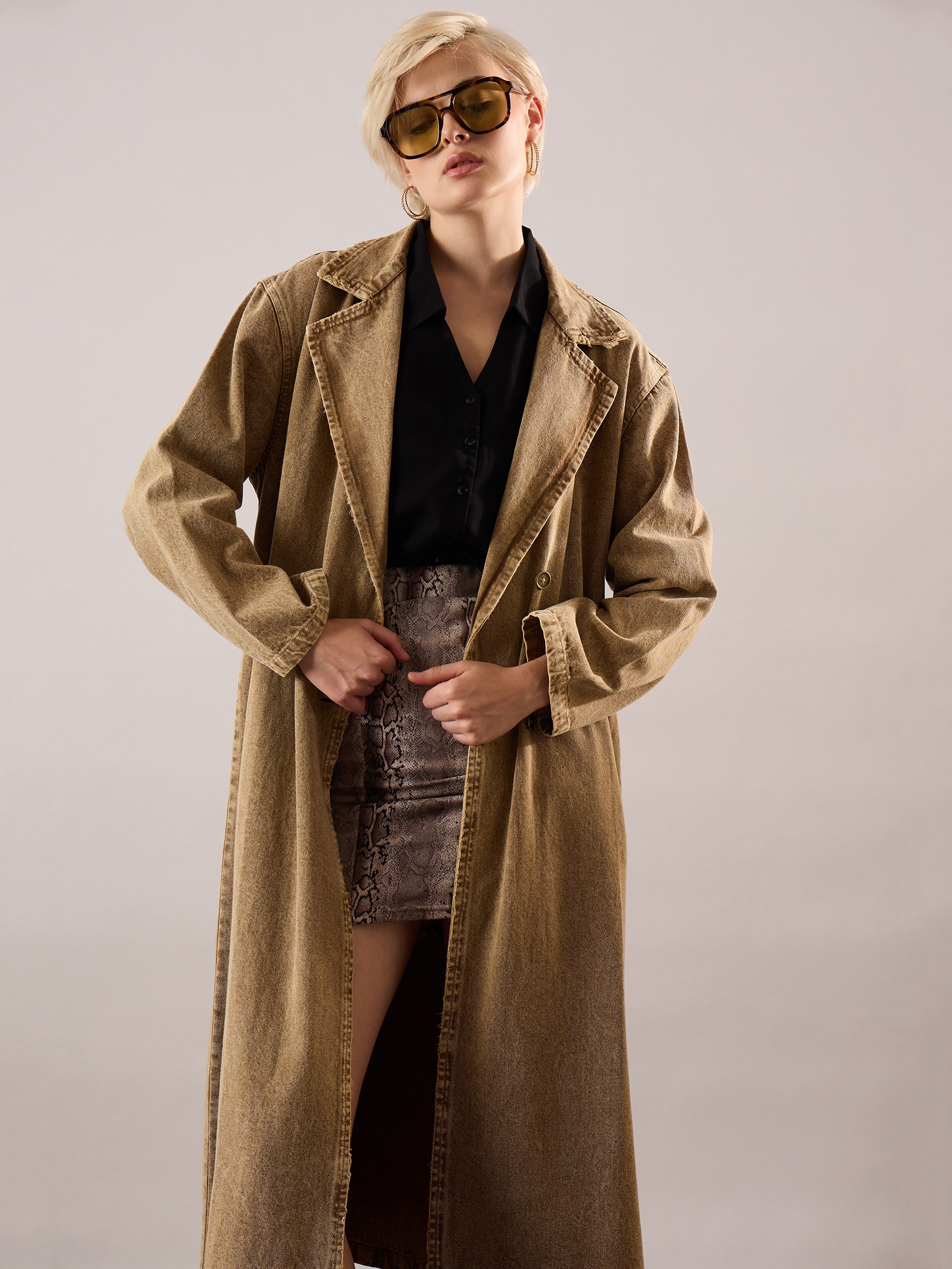 Women Beige Washed Denim Over Coat-SFJCKT60352
