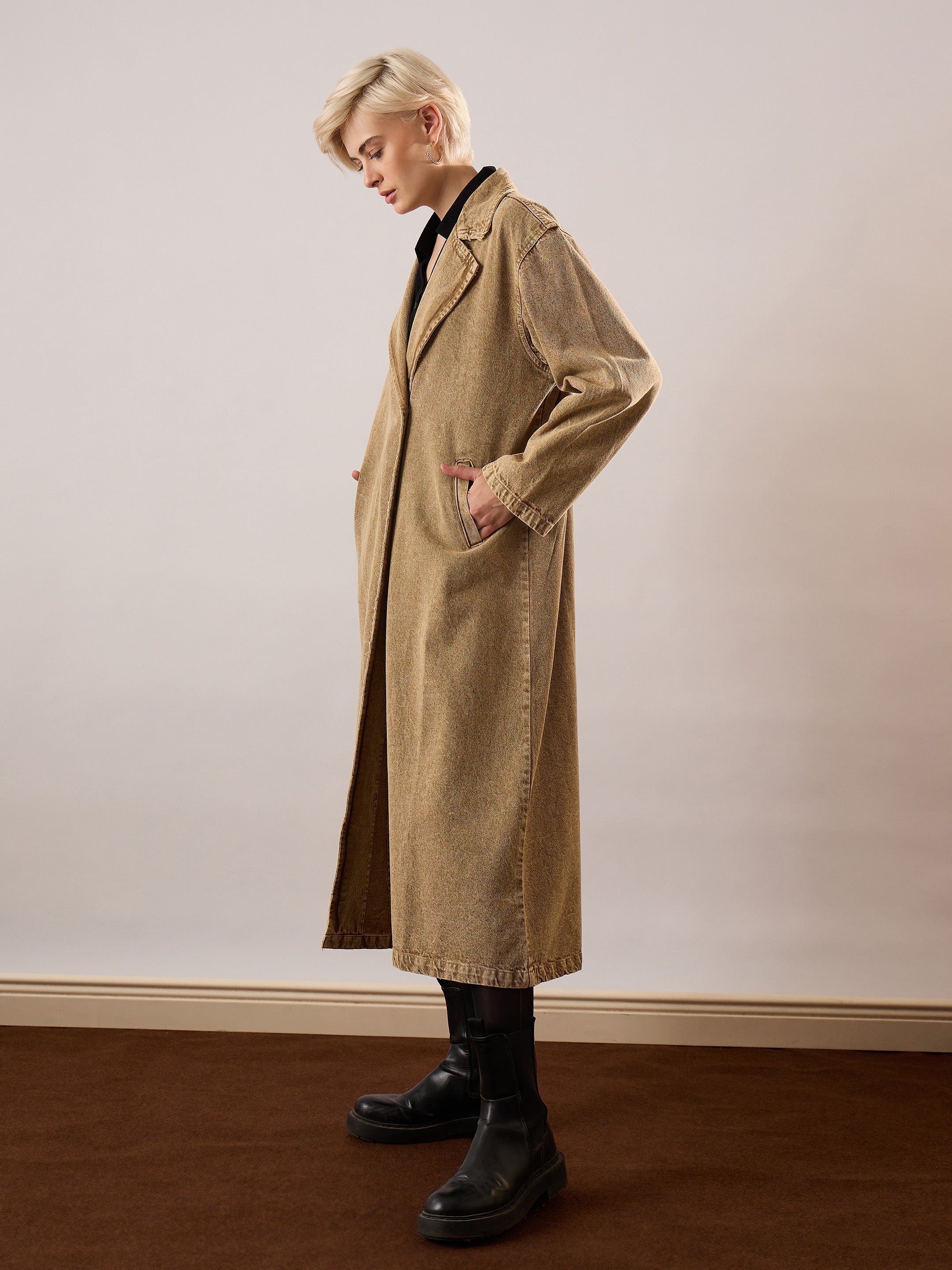 Women Beige Washed Denim Over Coat-SFJCKT60352