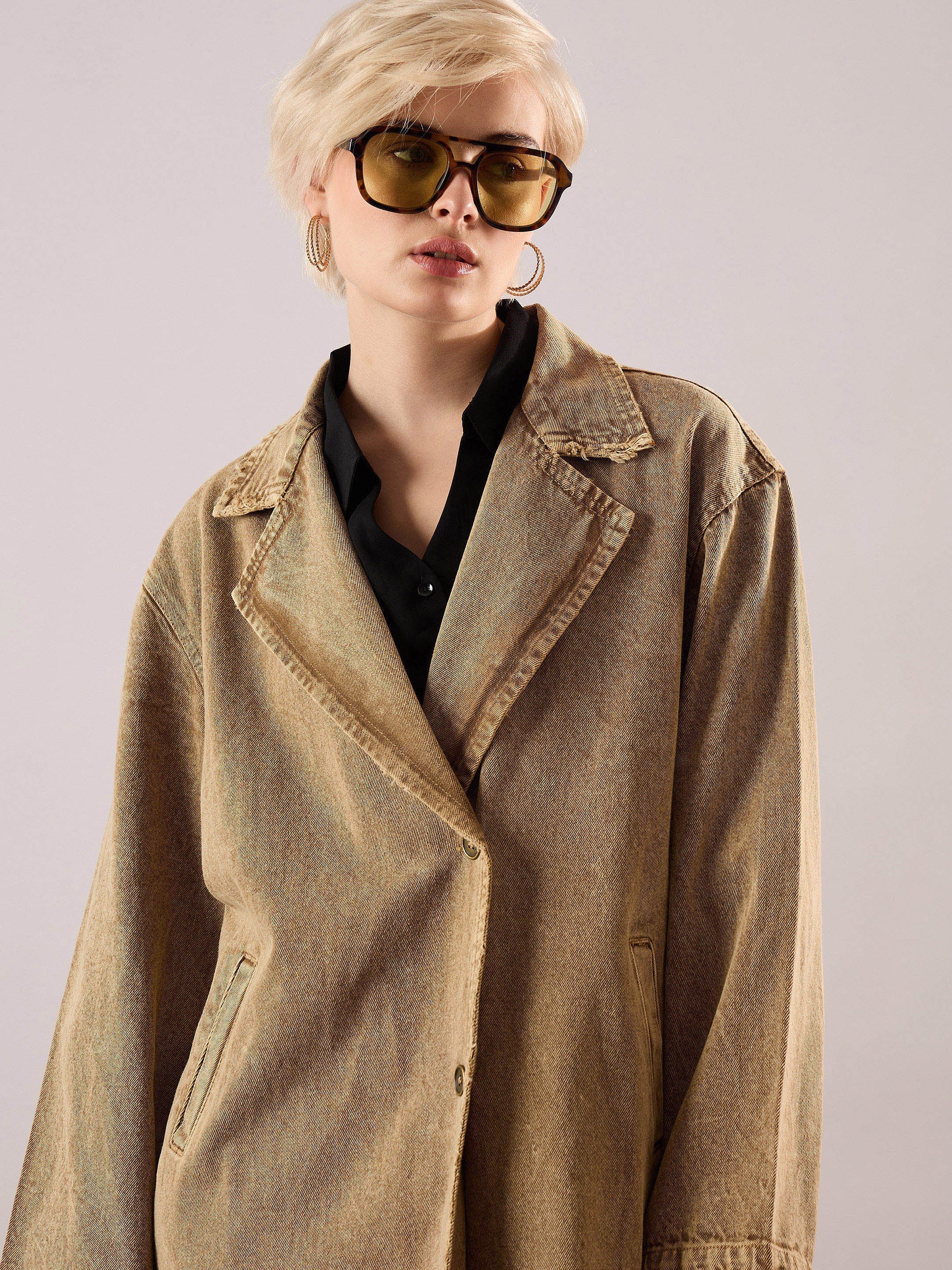 Women Beige Washed Denim Over Coat-SFJCKT60352