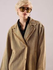 Women Beige Washed Denim Over Coat-SFJCKT60352