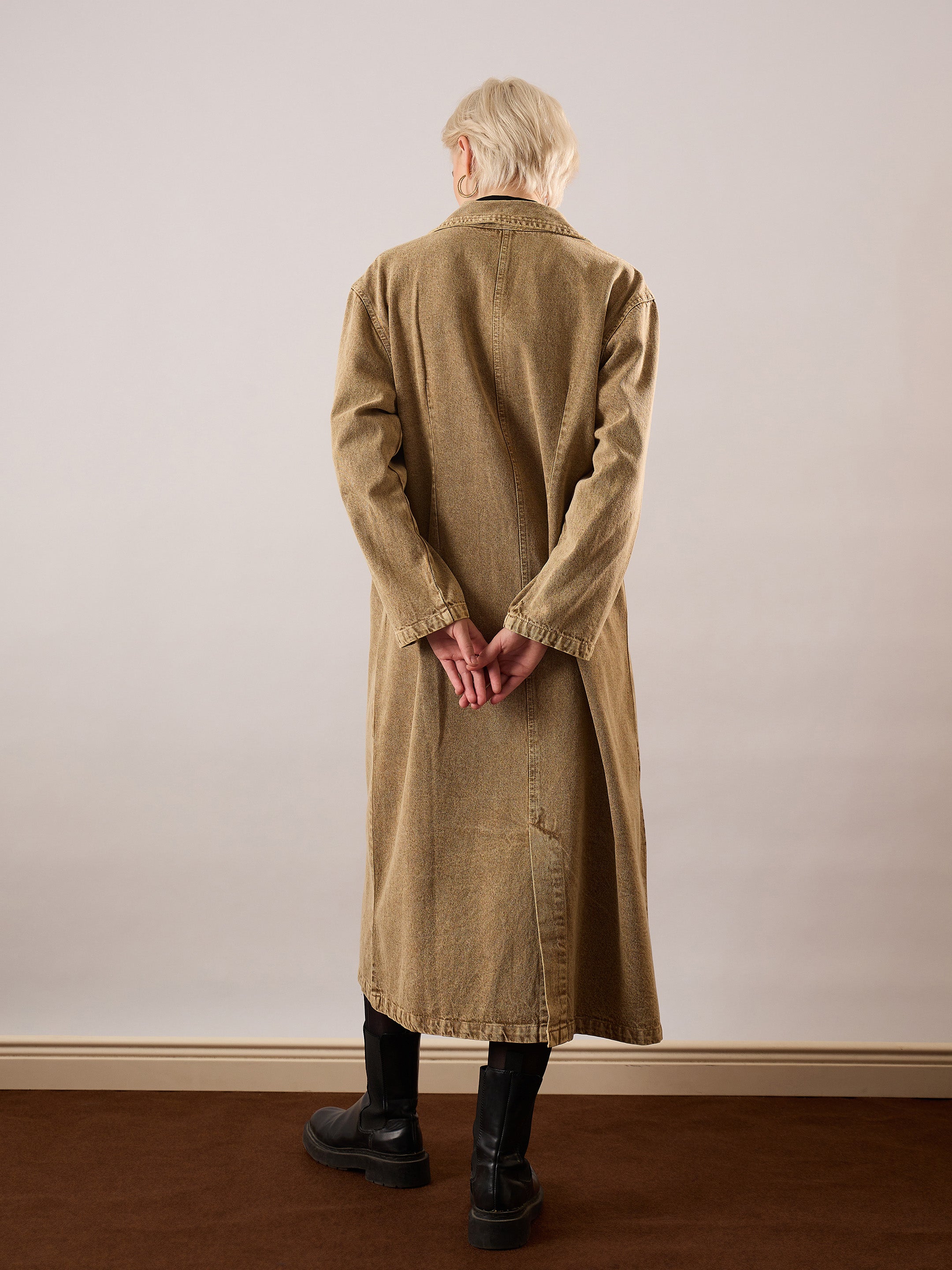 Women Beige Washed Denim Over Coat-SFJCKT60352