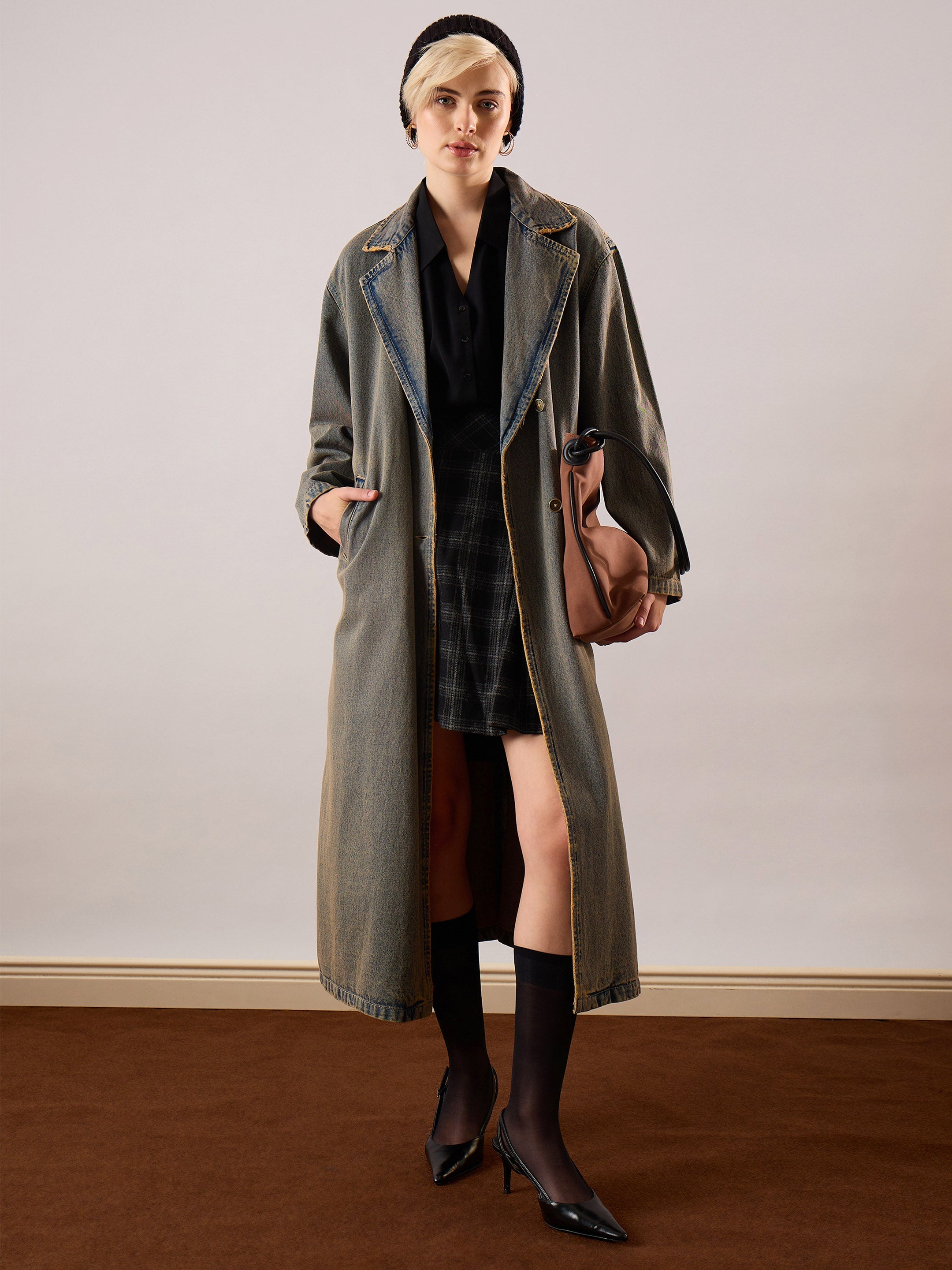 Women Blue Vintage Washed Denim Over Coat-SFJCKT60353