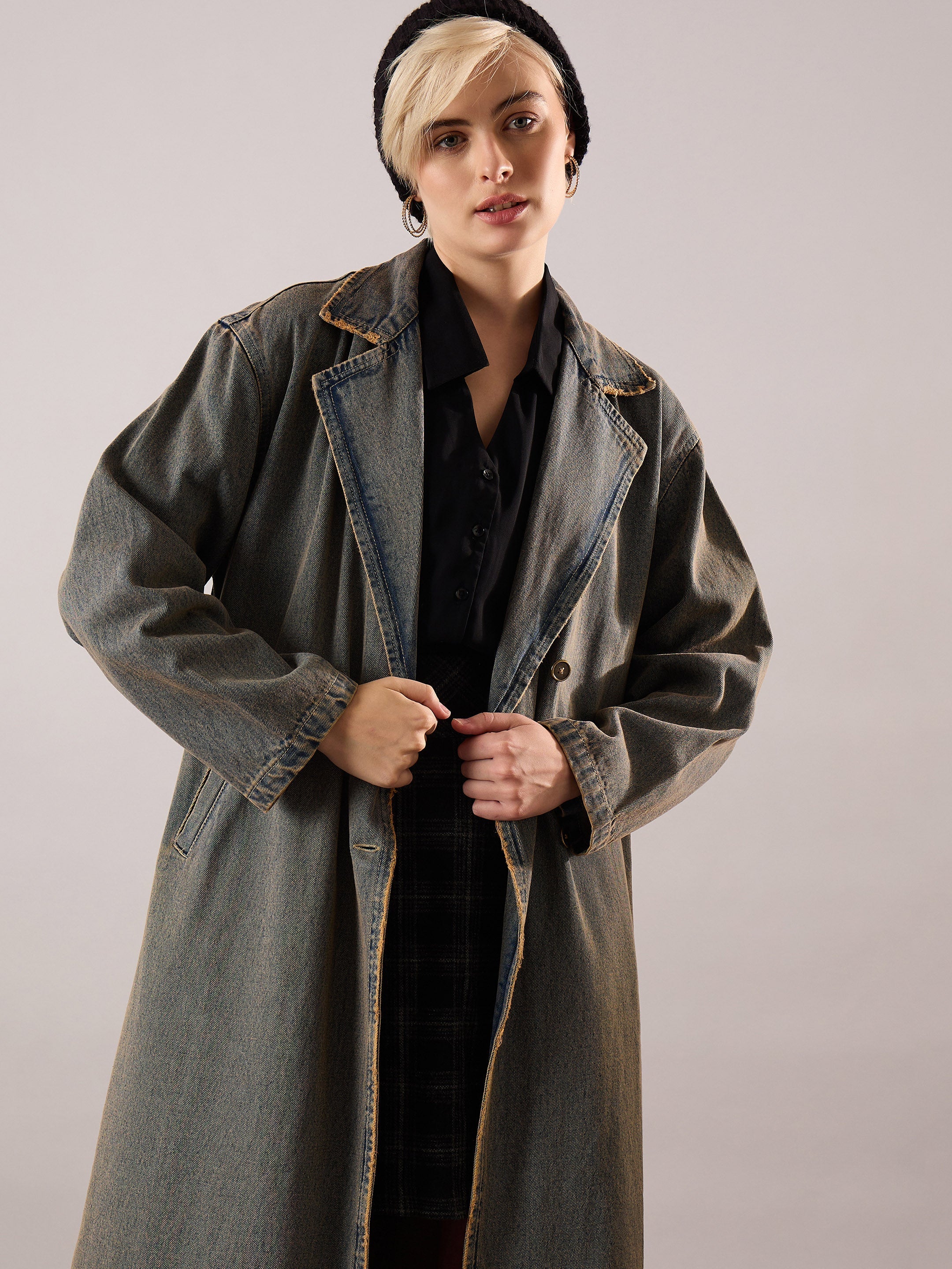 Women Blue Vintage Washed Denim Over Coat-SFJCKT60353