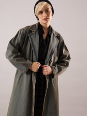 Women Blue Vintage Washed Denim Over Coat-SFJCKT60353